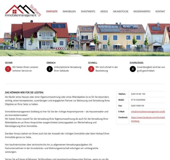 Webseite Immobilienmanagement Stollberg mit Objektdarstellung und Kontaktformular