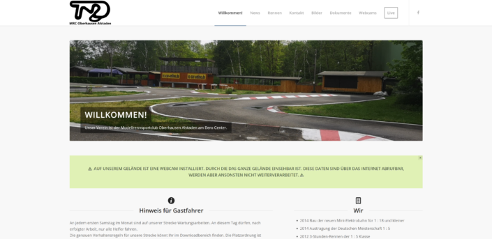 Startseite der Vereinswebseite des MRC Oberhausen Alstaden e. V. nach dem Redesign