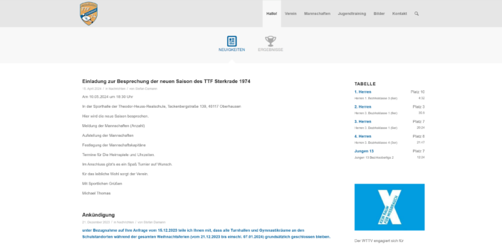 Webseite des Tischtennisvereins TTF Sterkrade 74 e. V. aus Oberhausen mit Mannschaftsdaten und Spielergebnissen