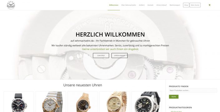 Webseite Zehnnachzehn mit Produktübersicht und klarer Angebotsstruktur