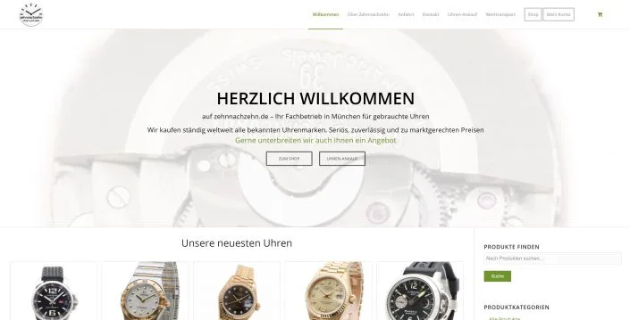 Webseite Zehnnachzehn mit Produktübersicht und klarer Angebotsstruktur